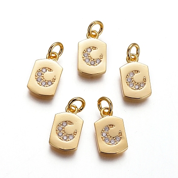 Brass Charms, with Micro Pave Cubic Zirconia and Jump Rings, Rectangle with Moon, Clear, Golden, 13.5x8x1.5mm, Hole: 3mm