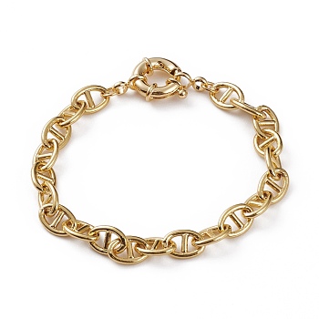 Brass Mariner Link Chain Bracelets, with Spring Ring Clasps, Real 18K Gold Plated, 7-1/4 inch(18.5cm)