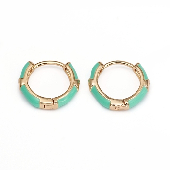 Brass Micro Pave Clear Cubic Zirconia Huggie Hoop Earrings, with Enamel, Medium Turquoise, 16x3mm, Pin: 1mm