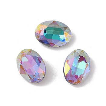 Glass Rhinestone Cabochons, Flat Back & Back Plated, Faceted, Oval, Bermuda Blue, 14x10x5.5mm