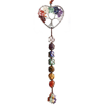 Chakra Theme Natural Gemstone Big Pendant Decorations, with Random Color Hand Knitting Cord and Stone Chips Tassel, Heart with Tree of Life, Silver, 35cm