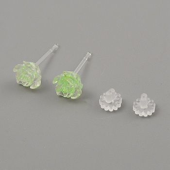 Resin Stud Earrings, Flower, Light Green, 7x7mm