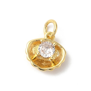 Rack Plating Brass Clear Cubic Zirconia Charms, with Jump Ring, Long-Lasting Plated, Cadmium Free & Lead Free, Sea Shell, Real 18K Gold Plated, 14x10x4mm, Hole: 3mm