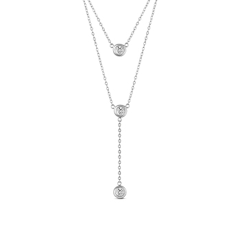 SHEGRACE Rhodium Plated 925 Sterling Silver Double Layered Necklace, with Three Round AAA Cubic Zirconia Pendants, Platinum, 17.7 inch(45cm)