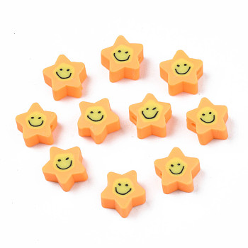 Handmade Polymer Clay Beads, Star with Smiling Face, Sandy Brown, 7.5~9x8.5~9x3.5~4mm, Hole: 1.6mm