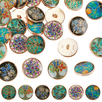 24Pcs 6 Colors Alloy Enamel Shank Buttons, 1-Hole, Flat Round with Flower Pattern, Mixed Color, 20x8mm, Hole: 2mm, 4pcs/color