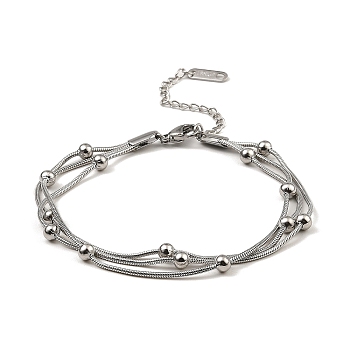 304 Stainless Steel Satellite Chains Triple Layer Multi-strand Bracelet for Women, Stainless Steel Color, 7-3/8 inch(18.6cm)