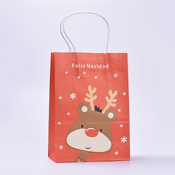 kraft Paper Bags, with Handles, Gift Bags, Shopping Bags, For Christmas Party Bags, Rectangle, Orange Red, 33x26x12cm