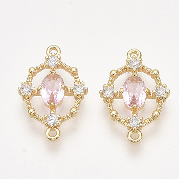 Brass Cubic Zirconia Links, Real 18K Gold Plated, Nickel Free, Oval, Pink, 17.5x12x2.5mm, Hole: 1mm