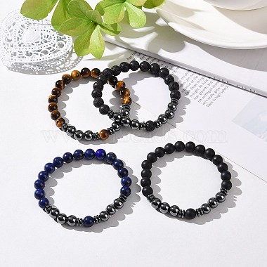 4Pcs Synthetic Hematite & Natural Black Agate(Dyed) & Lava Rock & Tiger Eye Beads Stretch Bracelets Set for Women Men(BJEW-JB08938)-2