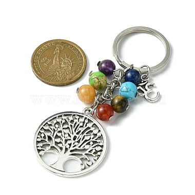 7 porte-clés pendentif en perles de pierres précieuses chakra avec breloque arbre de vie en alliage de style tibétain(KEYC-JKC00542)-3
