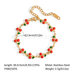 304 Stainless Steel Enamel Red Cherry Link Chain Bracelets for Women, Real 18K Gold Plated, 6-1/2 inch(16.5cm)(HY2591-2)