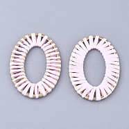 Handmade Raffia Woven Linging Rings, with Alloy Findings, Oval Ring, Light Gold, Misty Rose, 48x34x2mm, Inner Diameter: 28.5x15.5mm(X-WOVE-Q077-22H)