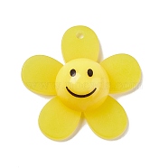 Frosted Translucent Acrylic Pendants, Sunflower with Smiling Face Charm, Yellow, 29x30x9mm, Hole: 1.8mm(OACR-P012-C01)