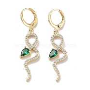 Real 18K Gold Plated Brass Dangle Leverback Earrings, with Cubic Zirconia and Glass, Snake, Green, 45.5x11mm(EJEW-L269-038G)