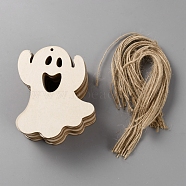 Unfinished Wood Pendant Decorations, with Jute Ropes, Ghost, Linen, 10x8.05x0.2cm, Hole: 3mm(DIY-WH20014-10)