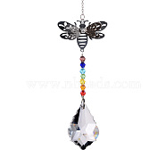 Glass Bicone Pendant Decorations, Hanging Suncatchers, with Iron Findings and Bees Link, for Garden Window Decoration, Leaf, 330x50mm(WG65705-02)