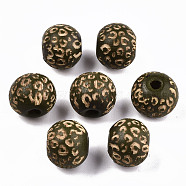 Painted Natural Wood Beads, Laser Engraved Pattern, Round with Leopard Print, Dark Olive Green, 10x8.5mm, Hole: 2.5mm(WOOD-T021-53A-04)