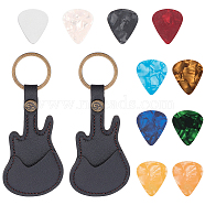 10Pcs Plastic Guitar Picks, with 2Pcs PU Leather Guitar Keychain, Mixed Color, Keychain: 11.8x5cm, Picks: 30x25.5x0.4mm(DIY-NB0007-40)