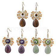 Natural Gemstone Dangle Earrings, with Glass Seed Beads and 304 Stainless Steel Earring Hooks, Teardrop with Evil Eye, 52x23mm, 3 pairs/set(EJEW-MZ00169)