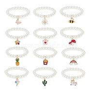 12Pcs 12 Style ABS Plastic Pearl Round Beaded Stretch Bracelets Set, Butterfly & Pineapple & Rainbow & Unicorn Alloy Enamel Charms Bracelets for Kid, Mixed Color, Inner Diameter: 2 inch(5cm), 1Pc/style(BJEW-JB08961)
