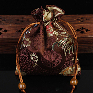 Chinese Style Flower Pattern Satin Jewelry Packing Pouches, Drawstring Gift Bags, Rectangle, Coconut Brown, 14x11cm(PW-WG37271-39)
