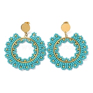 Woven Glass & Brass Beaded Donut Dangle Stud Earrings, with Vacuum Plating 304 Stainless Steel Pins, Dark Turquoise, 60x49mm(EJEW-A105-05G-03)