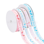 PandaHall Elite Baby Shower Ornaments Decorations Word Baby Printed Polyester Grosgrain Ribbons, Mixed Color, 5/8 inch(14mm), about 20yards/roll(18.29m/roll), 4 colors, 1roll/color, 4rolls/set(OCOR-PH0001-11)