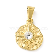 Vacuum Plating 304 Stainless Steel with Rhinestones Pendants, with 201 Stainless Steel Snap On Bails, Flat Round with Sun, Golden, Crystal, 18x15x4mm, Hole: 4x7.5mm(STAS-G261-16G-A)