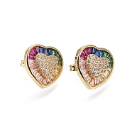 Brass Micro Pave Cubic Zirconia Stud Earrings, Heart, Golden, Colorful, 15x14x3.7mm, Pin: 0.7mm(EJEW-L224-10G)