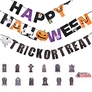 Halloween Decoration Paper Flag Banners, with Cake Toppers, Cake Inserted Cards, Letter/Tomb/Ghost/Pumpkinn, Colorful, Packaging: 2320x190x22mm(DIY-WH0453-12A)