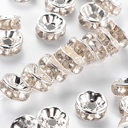 Brass Rhinestone Spacer Beads, Grade B, Clear, Silver Color Plated, Size: about 8mm in diameter, 3.8mm thick, hole: 1.5mm(RSB038-B01)