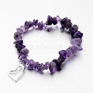 Alloy Charm Bracelets, Heart, with Natural Amethyst Chip Beads and Elastic Crystal Thread, Silver Color Plated, 2-1/4 inch(55mm)(BJEW-JB02481-03)
