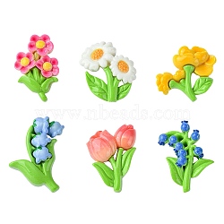 12Pcs 6 Styles Opaque Resin Decoden Cabochons, Flower, Lime Green, 29~36x21.5~30x7.5~8mm, 2pcs/style(RESI-FS0001-68)