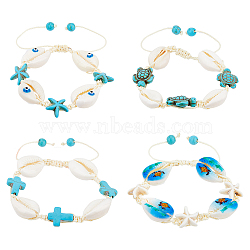 4Pcs 4 Style Natural Shell with Evil Eye Braided Bead Bracelets Set, Cross & Starfish & Turtle Polyester Adjustable Bracelets, Mixed Shapes, Inner Diameter: 2-1/8~3-1/2 inch(5.3~8.8cm), 1Pc/style(BJEW-FI0001-74)