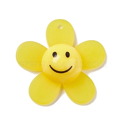 Frosted Translucent Acrylic Pendants, Sunflower with Smiling Face Charm, Yellow, 29x30x9mm, Hole: 1.8mm(OACR-P012-C01)