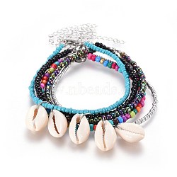 Glass Seed Beads Anklets, with Cowrie Shell Beads, Brass Finding, Iron Finding and 304 Stainless Steel Lobster Claw Clasps, 8-7/8 inch~9 inch(22.4~22.9cm), 5pcs/set(AJEW-AN00252)