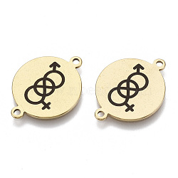 201 Stainless Steel Enamel Links connectors, for Valentine's Day, Flat Round, Black, Golden, 16x21x1mm, Hole: 1.4mm(STAS-S079-145J-G)