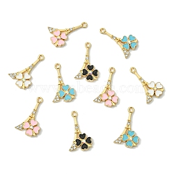 10Pcs Rack Plating Alloy Rhinestone Pendants, with Enamel, Eiffel Tower with Flower, Golden, 24.5x14.5x3mm, Hole: 1.8mm(FIND-YW0008-91B)