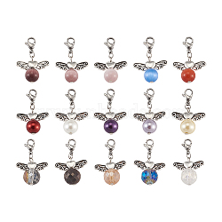 Pendants Sets, with Glass & Glass Pearl & Cat Eye Pendants, with 304 Stainless Steel Lobster Claw Clasps and Alloy Beads, Round with Wing, Mixed Color, 74x73x25mm, 30pcs/box(HJEW-TA0001-04)