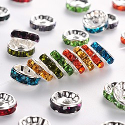 Brass Grade A Rhinestone Spacer Beads, Silver Color Plated, Nickel Free, Mixed Color, 10x4mm, Hole: 2mm(RSB039NF)