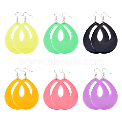 ANATTASOUL 6 Pairs 6 Style Acrylic Hollow Out Teardrop Dangle Earrings, Iron Long Drop Earrings for Women, Mixed Color, 79~80mm, Pin: 0.6mm, 1 pair/style (EJEW-AN0002-11)