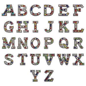 Cloth Iron On Alphabet Patches, with Resin Rhinestone, Costume Accessories, Letter A~Z, Colorful, 23~59x52~59x3.5mm, 26pcs/set