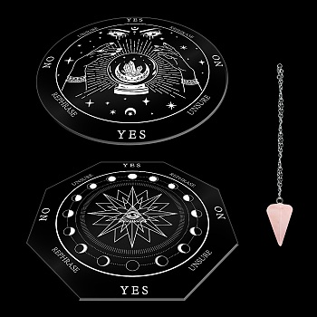 AHADERMAKER DIY Pendulum Board Dowsing Divination Making Kit, Including Acrylic Pendulum Board, Cone/Spike/Pendulum Natural Rose Quartz Stone Pendants, 304 Stainless Steel Cable Chain Necklace, Eye Pattern, 4Pcs/set
