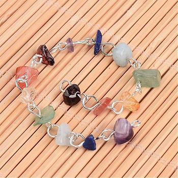 Chakra Handmade Gemstone Chip Beaded Brass Chains for Necklaces or Bracelets Making, Unwelded, Silver Color Plated, 39.37 inch, 1m/strand