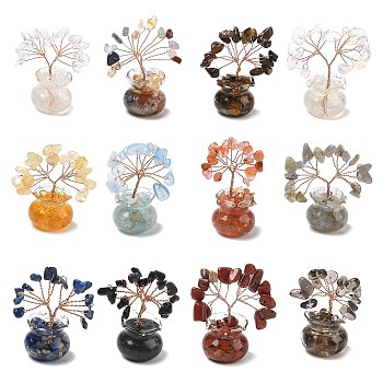 Natural & Synthetic Gemstone Chips Tree of Life Decorations, with Glass Pot Base & Copper Wire, Feng Shui Energy Stone Gift for Home Desktop Decoration, 26x52~56mm