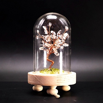 Natural Quartz Crystal Display Decoration, with Brass Wire, for Home Desk Decorations, Tree of Life Cloche Bell Jar, 80x130mm