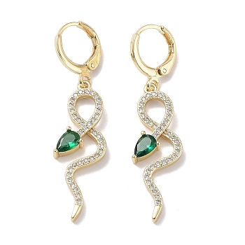 Real 18K Gold Plated Brass Dangle Leverback Earrings, with Cubic Zirconia and Glass, Snake, Green, 45.5x11mm
