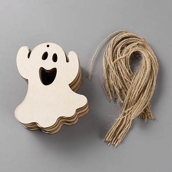 Unfinished Wood Pendant Decorations, with Jute Ropes, Ghost, Linen, 10x8.05x0.2cm, Hole: 3mm