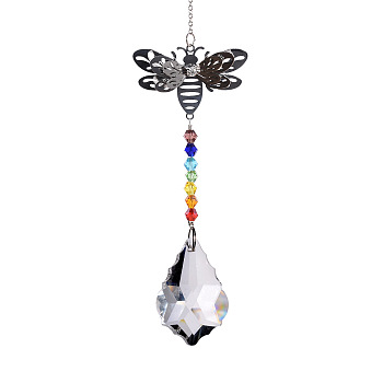 Glass Bicone Pendant Decorations, Hanging Suncatchers, with Iron Findings and Bees Link, for Garden Window Decoration, Leaf, 330x50mm